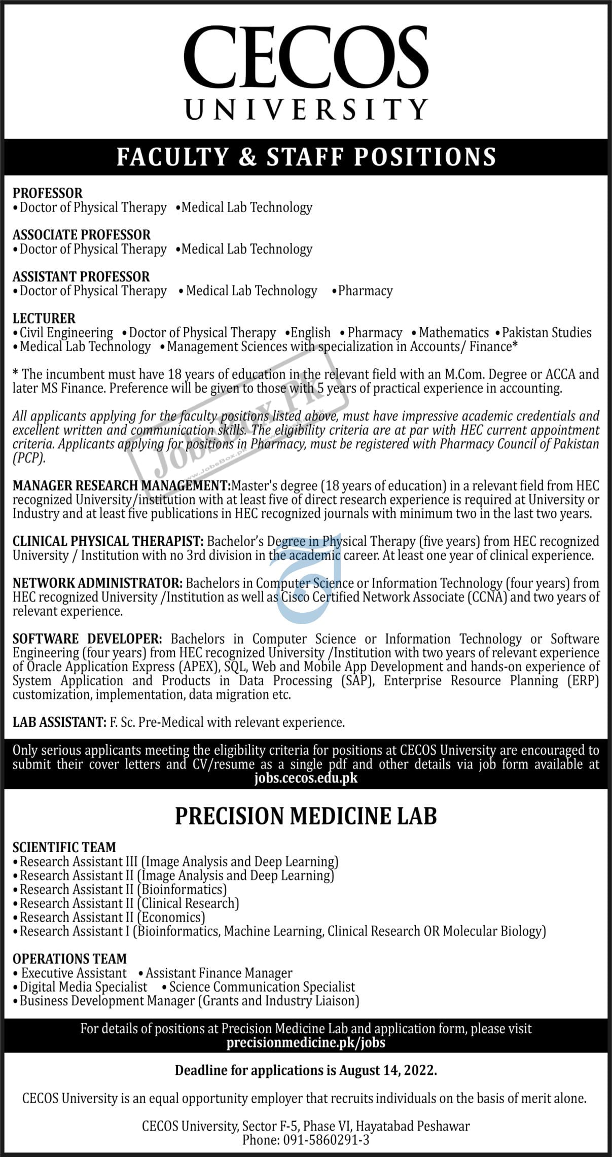 CECOS University Peshawar Jobs 2022 Announcement Notice