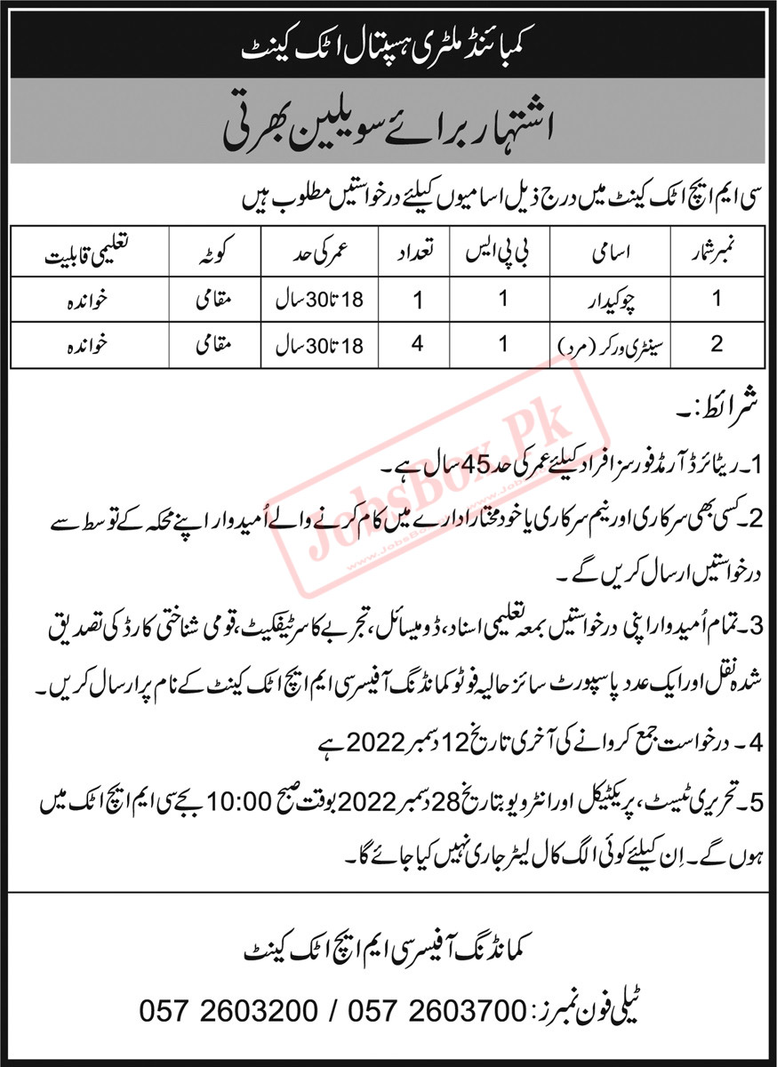 CMH Attock Jobs 2022 - Combined Military Hospital Vacancies Latest