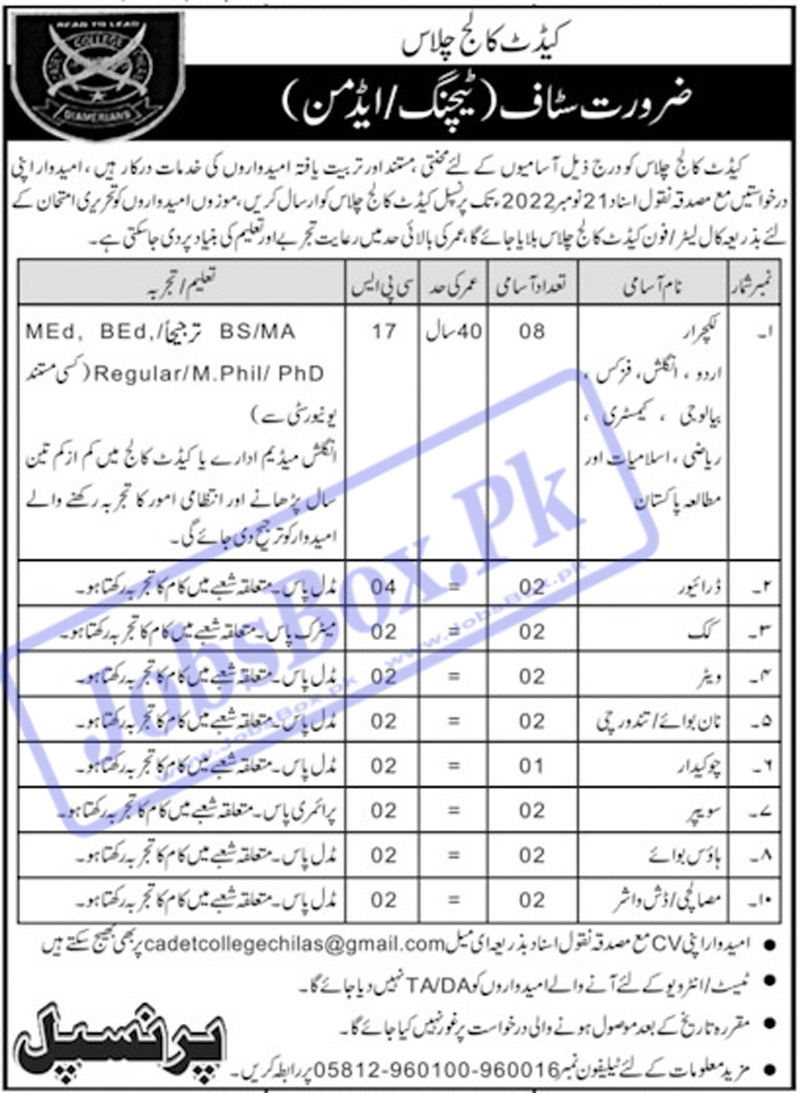 Cadet College Chilas Jobs November 2022