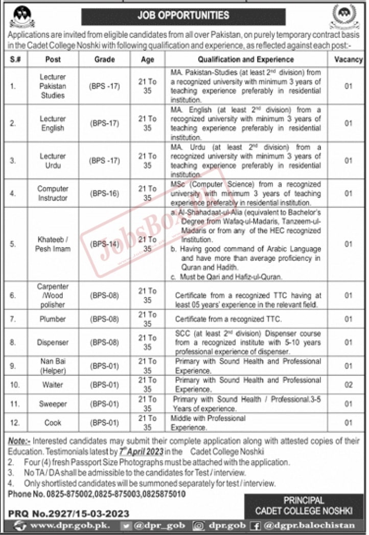 Cadet College Nushki Jobs 2023 for Teaching and Non Teaching Staff