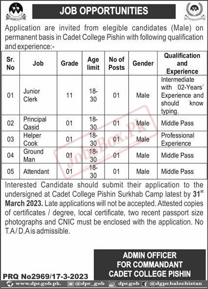 Cadet College Pishin Jobs 2023 Announcement Notice