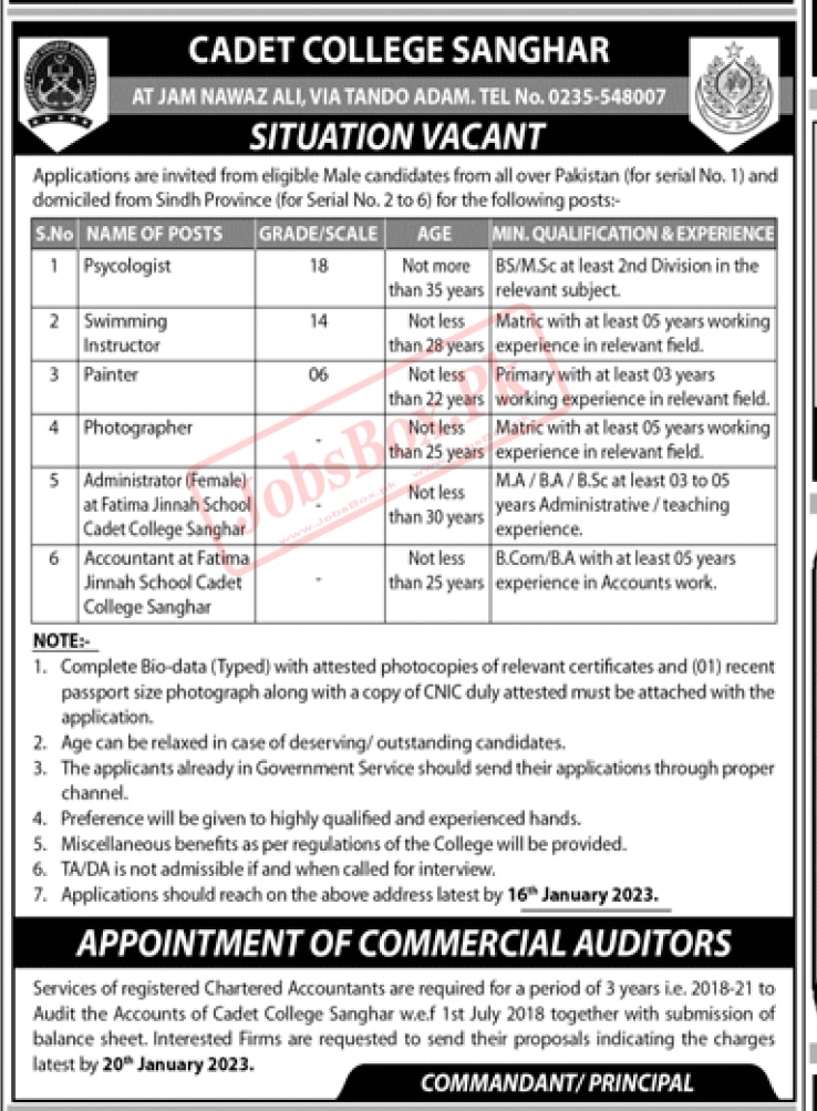 Cadet College Sanghar Jobs 2023 for Male and Females