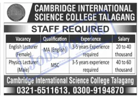Cambridge International Science College Talagang Chakwal Jobs 2022
