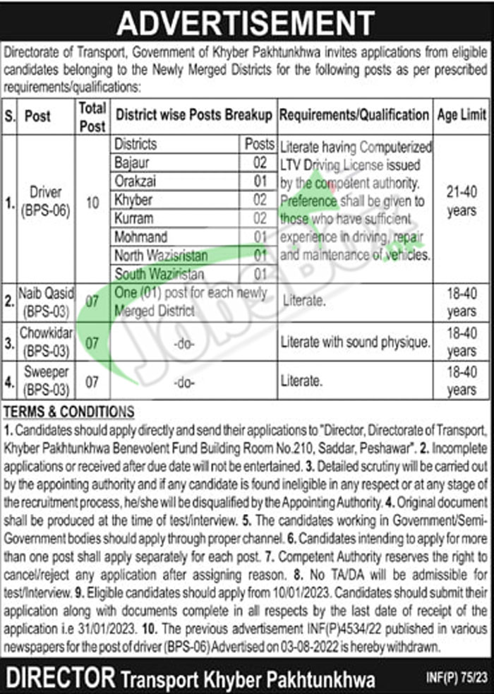 Directorate of Transport & Mass Transit KPK Jobs 2023