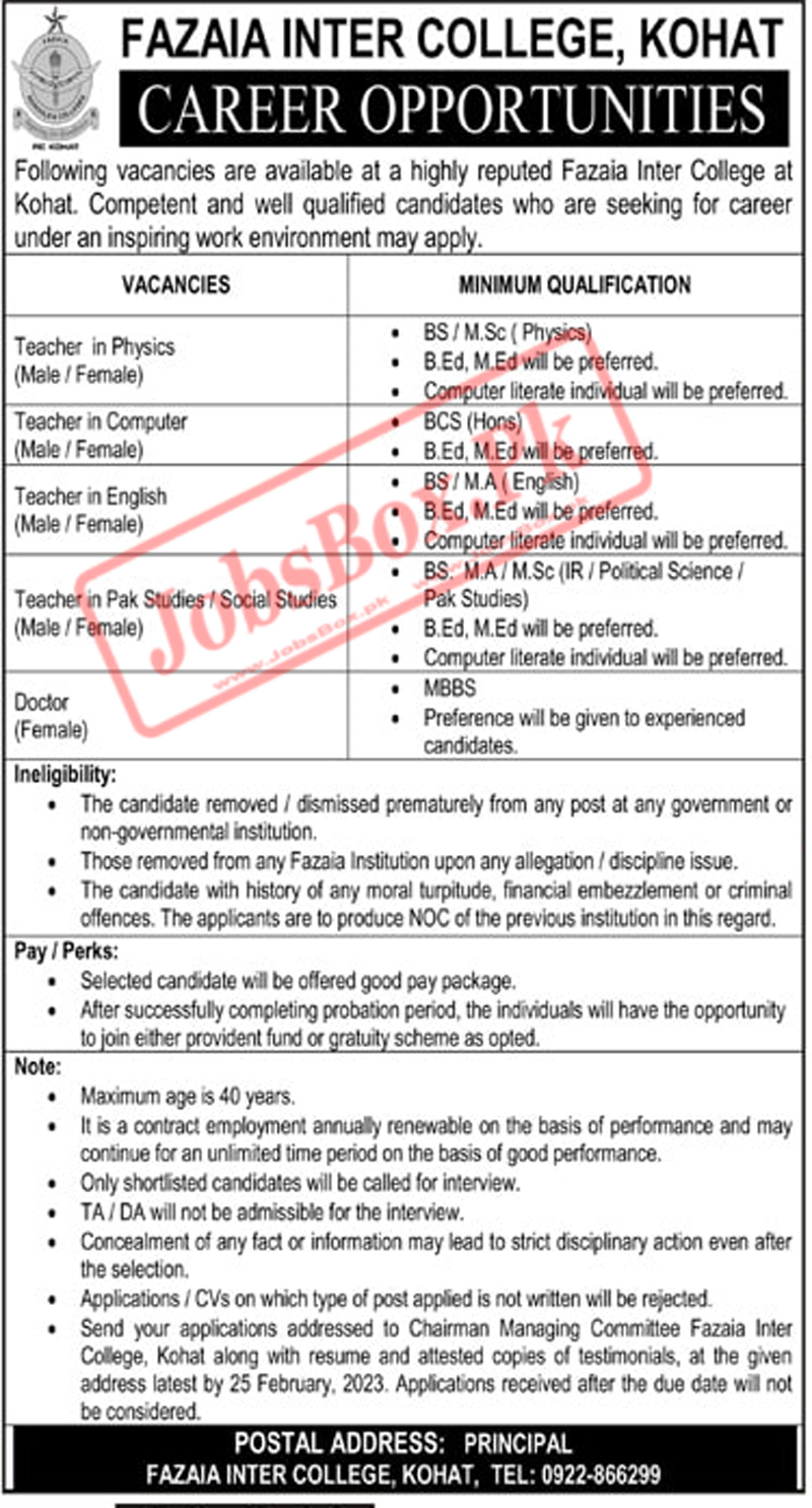 Fazaia Inter College Kohat Jobs 2023 - Join PAF College Jobs 2023