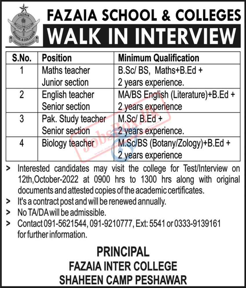 Fazaia Inter College Shaheen Campus Peshawar Jobs 2022 - Walk in Interview