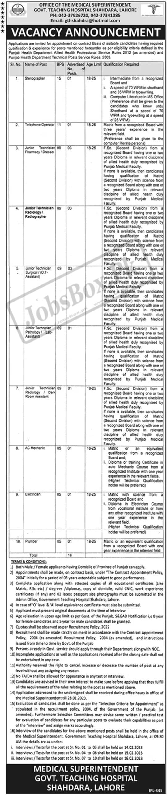 Government Teaching Hospital Shahdara Lahore Jobs 2023