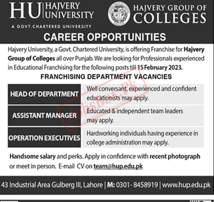 Hajvery University Jobs February 2023  www.hup.edu.pk