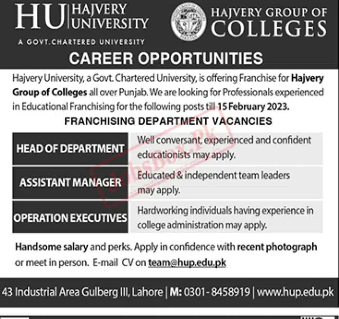 Hajvery University Jobs February 2023  www.hup.edu.pk