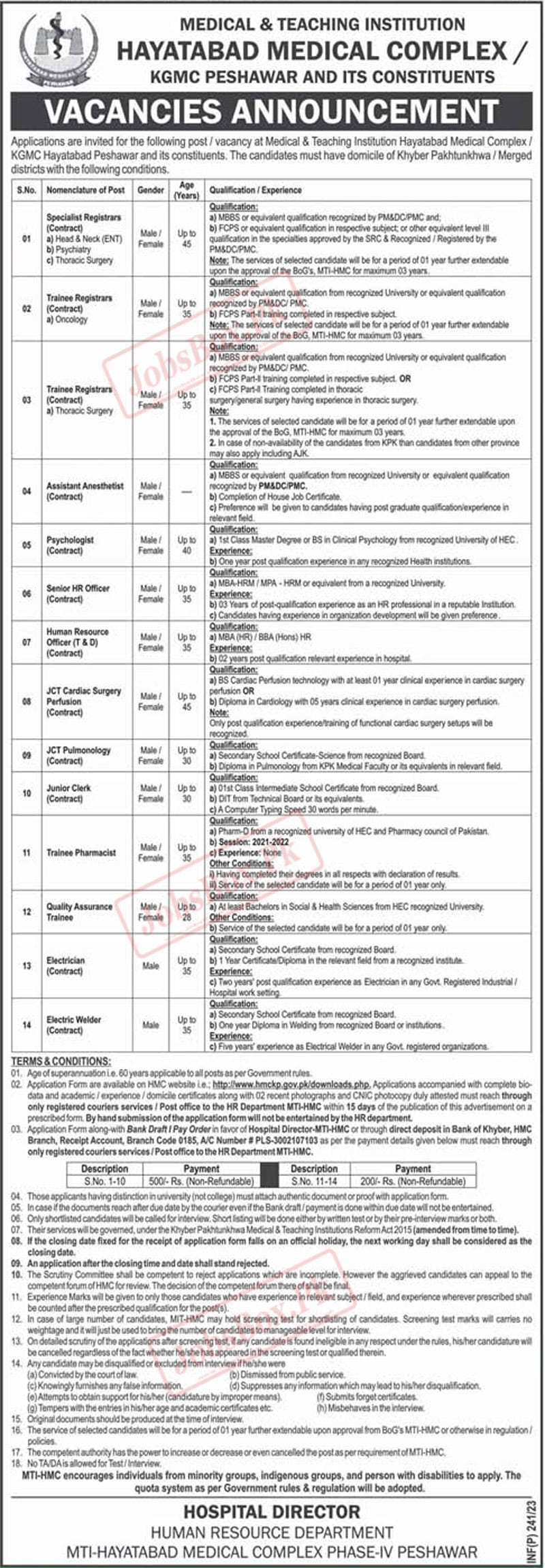 Hayatabad Medical Complex HMC Jobs 2023 - KGMC Jobs Advertisement