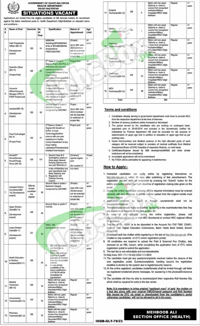 Health Department Gilgit Baltistan Jobs 2023 - Online Apply at ETC