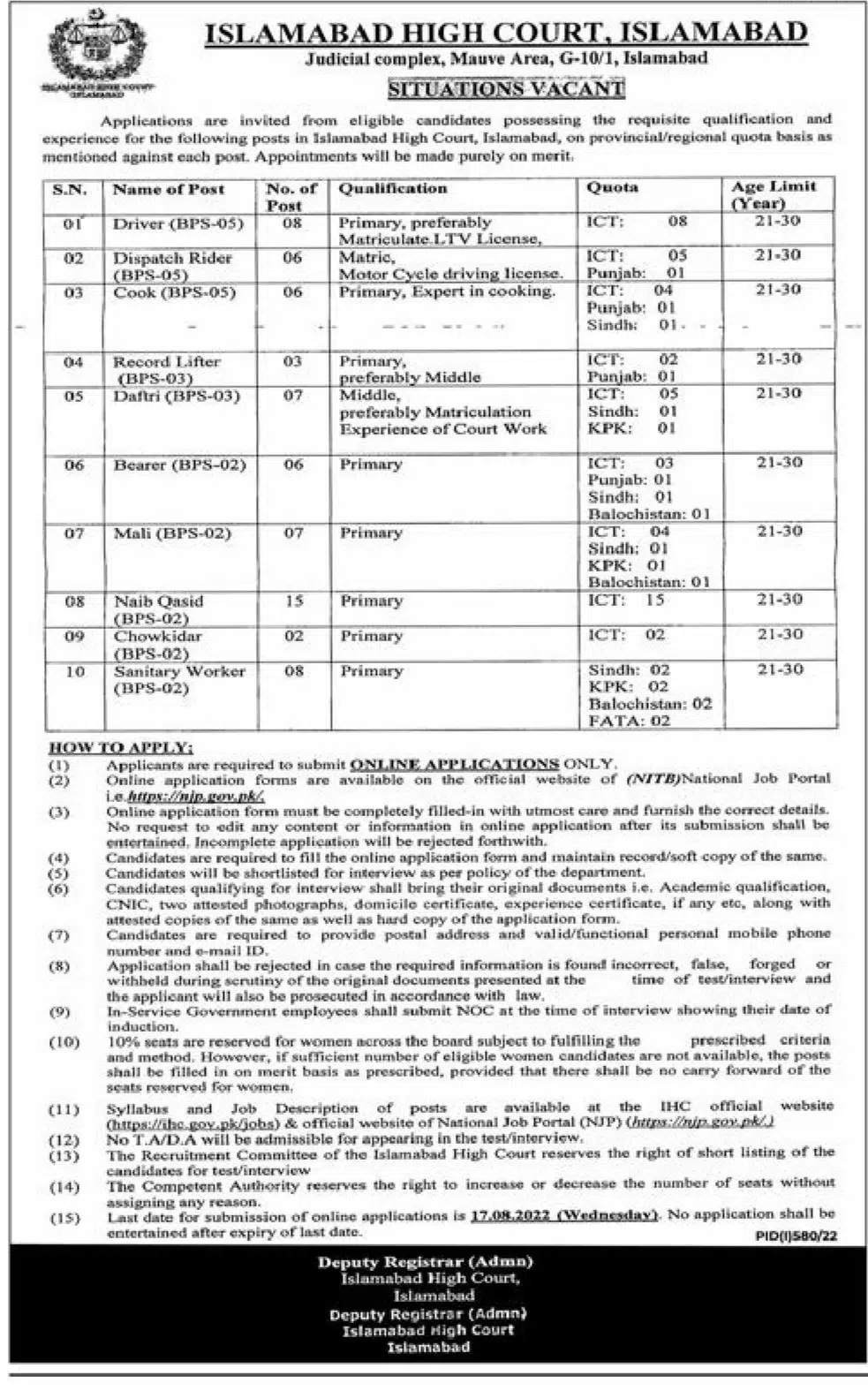 Islamabad High Court Jobs 2022 Vacancies - Fill Online Form