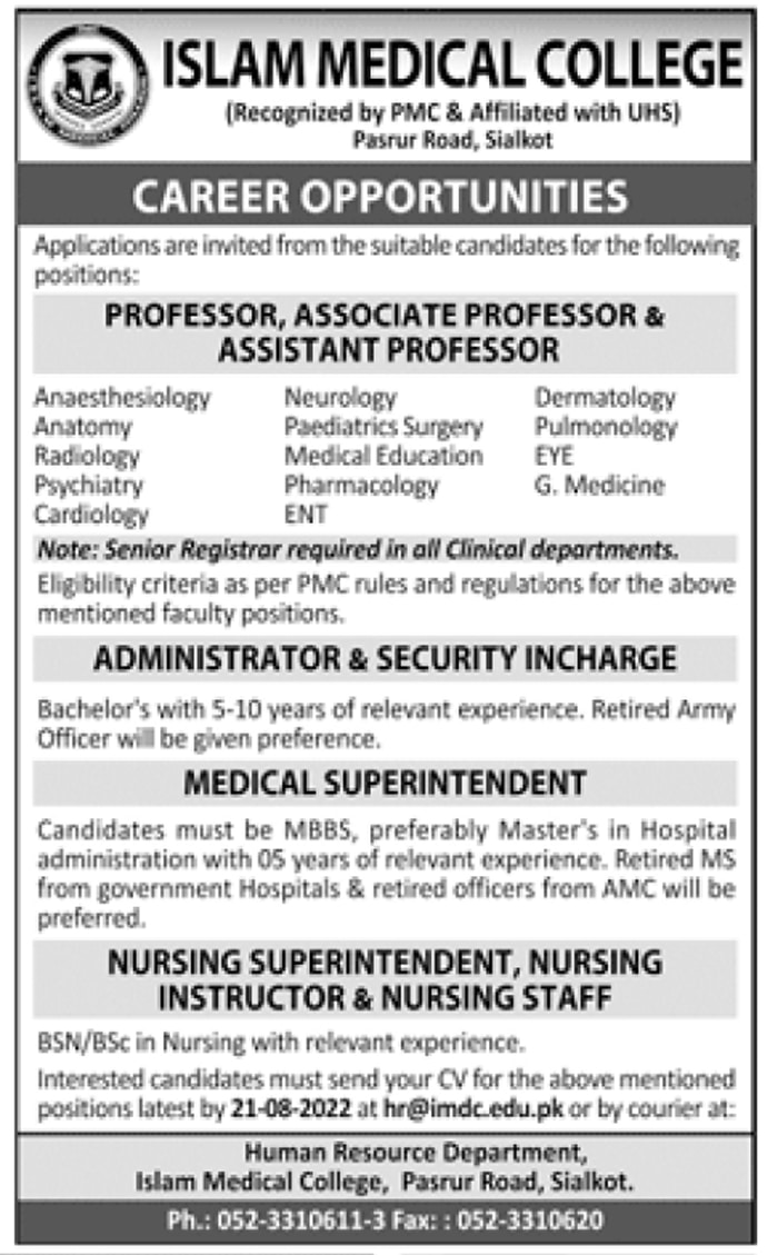Islam Medical College Sialkot Jobs 2022 - New Vacancies