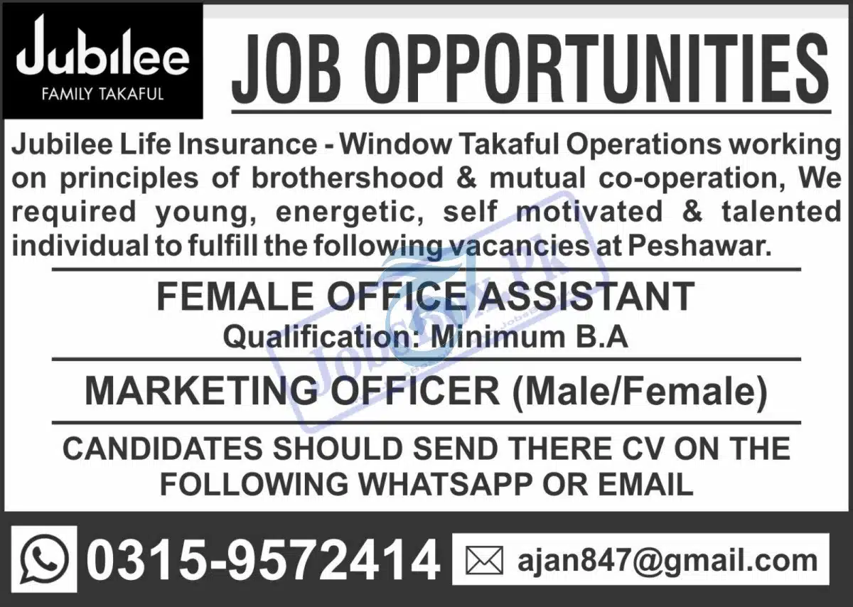 Jubilee Life Insurance Jobs 2023 in Peshawar Office