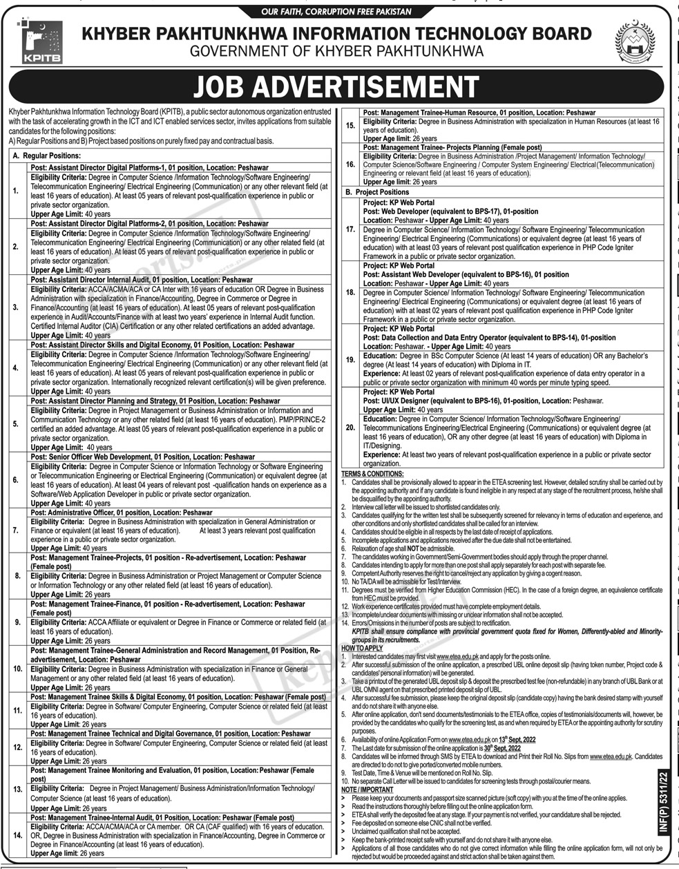 KPITB Jobs 2022 Information Technology Board KPK Appointment