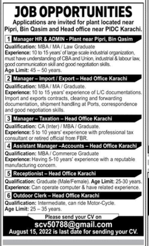 Managers and Receptionists Jobs in Karachi