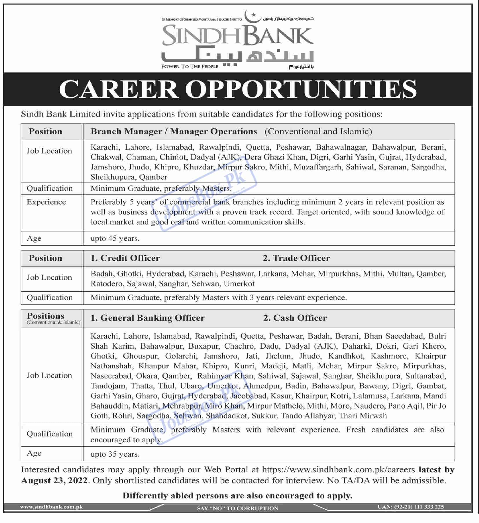 New Banking Careers Announcement for Pakistanis at Sindh Bank