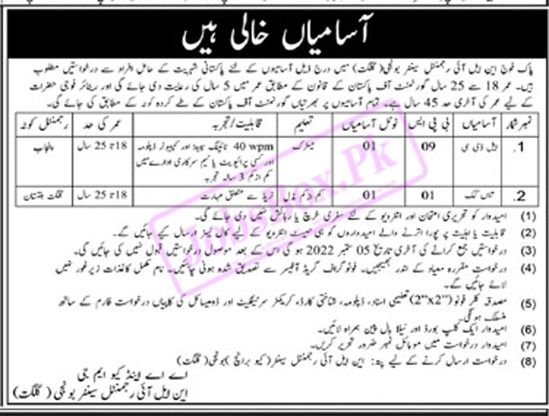 New Pakistan Army NLI Regimental Center Bunji Gilgit Jobs 2022