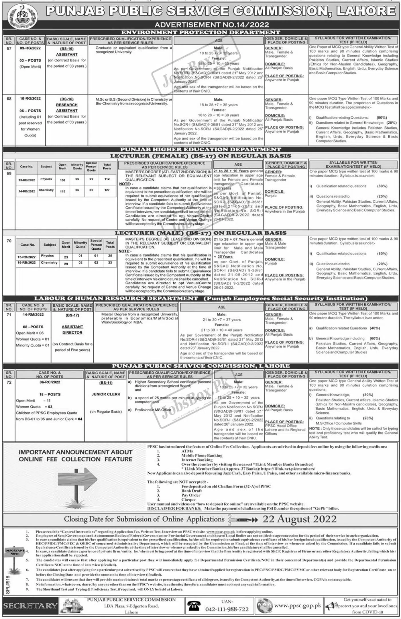 PPSC Announcement of Lecturers Jobs for Residents of Punjab