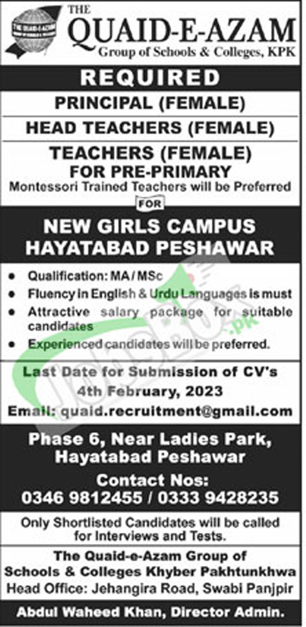 Quaid E Azam Group of Schools & Colleges KPK Jobs 2023