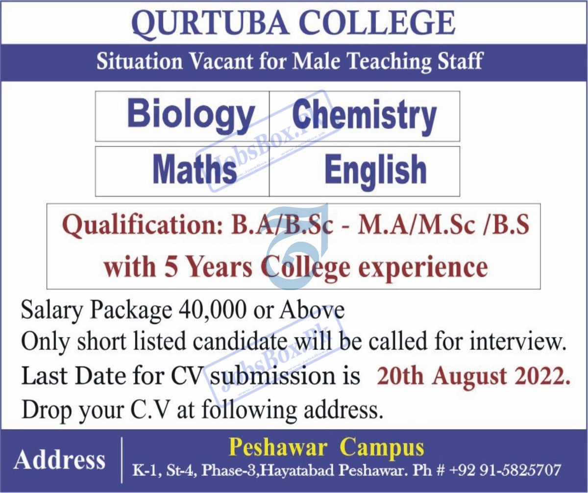 Qurtuba College Peshawar Campus Jobs 2022