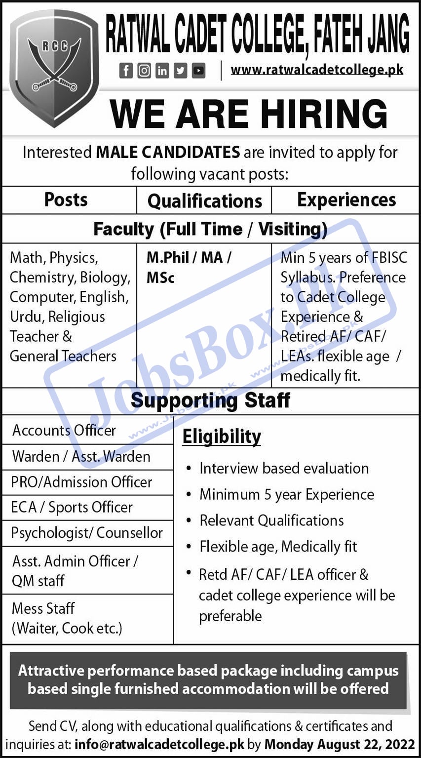 Ratwal Cadet College Fateh Jang Jobs 2022 