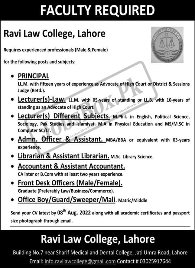 Ravi Law College Lahore Jobs 2022 August