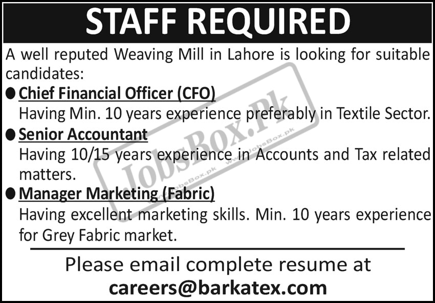 Senior Accountant and Chief Financial Officer Jobs in Lahore
