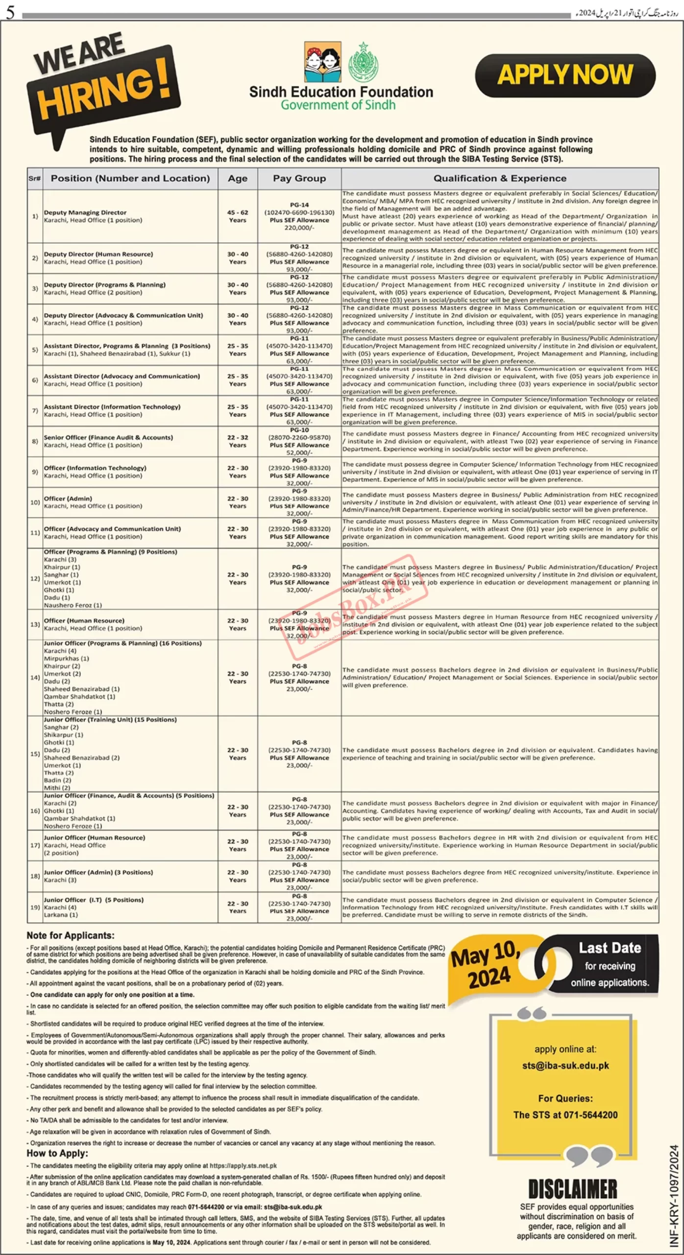 Sindh Education Foundation SEF Jobs 2024