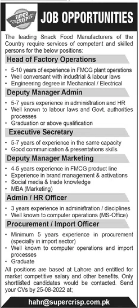 Snack Food Manufacturers Company Lahore Jobs 2022