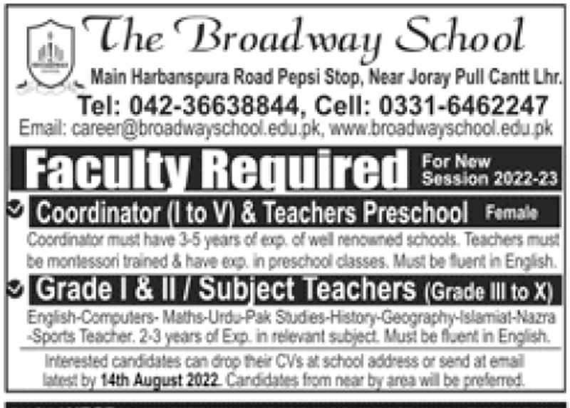 The Broadway School Lahore Jobs 2022