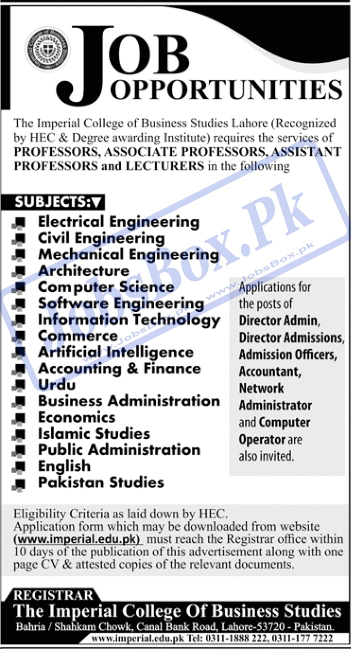 The Imperial College of Business Studies Lahore Jobs 2022