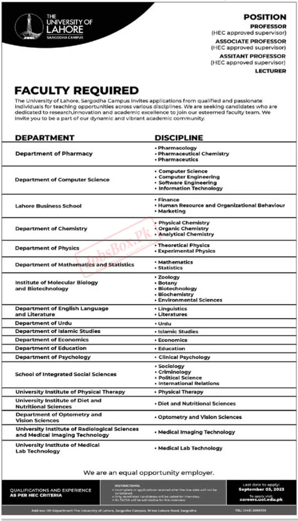 University of Lahore UOL Sargodha Campus Jobs 2023