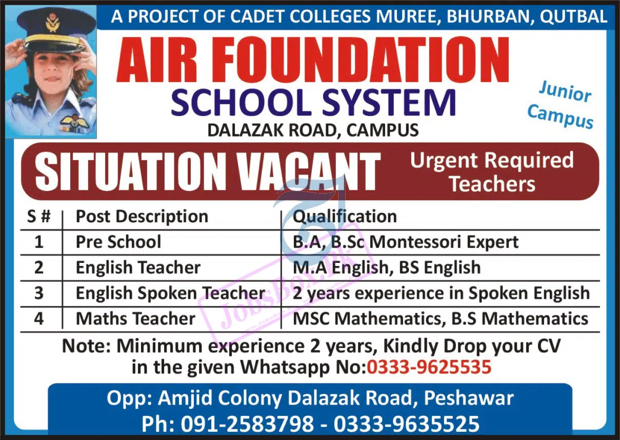 Air Foundation School System Junior Campus Peshawar Jobs 2022