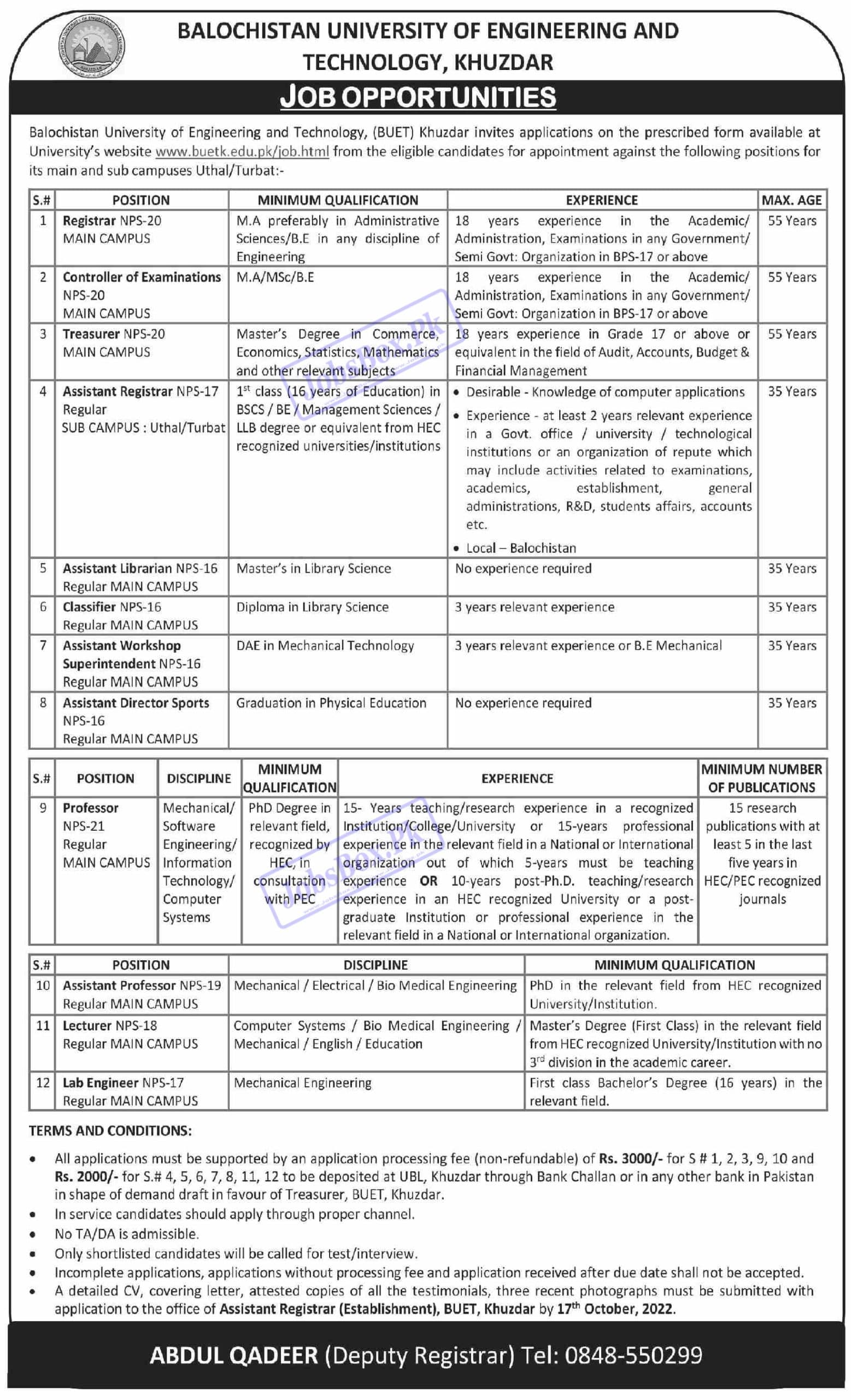 BUET Khuzdar Jobs September 2022 - Balochistan UET Khuzdar Careers