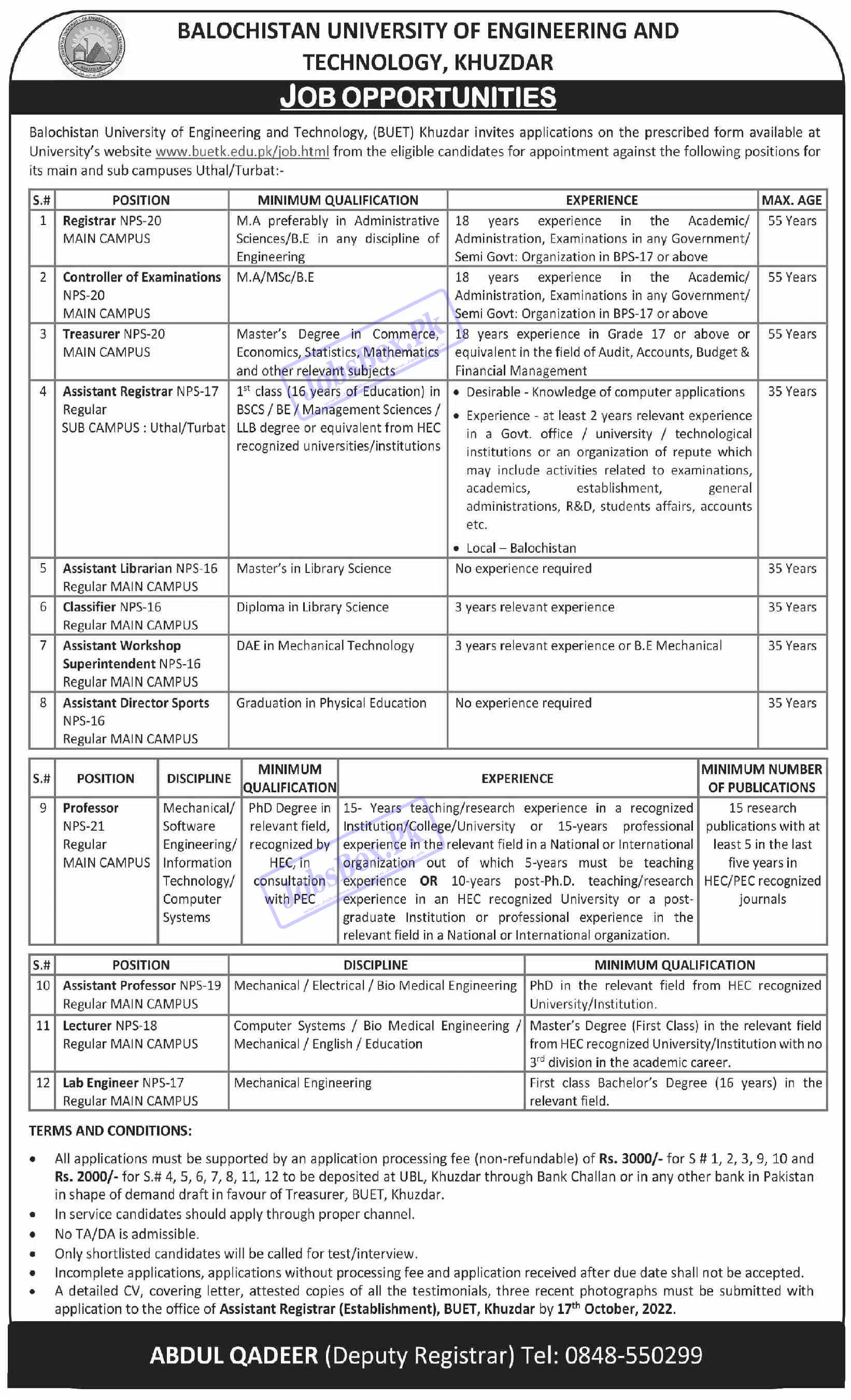 BUET Khuzdar Jobs September 2022 - Balochistan UET Khuzdar Careers