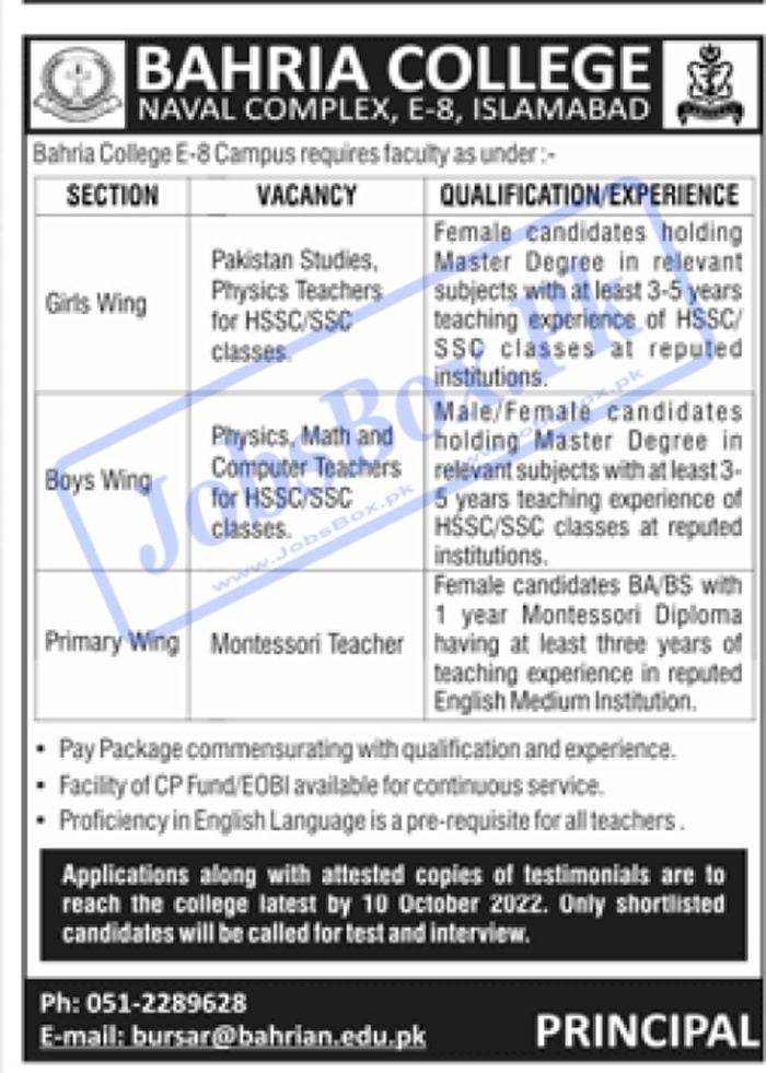 Bahria College Naval Complex E-8 Islamabad Jobs October 2022 - Teachers Needed