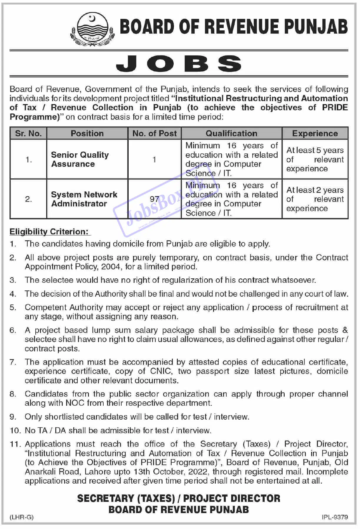 Board of Revenue Punjab Jobs September 2022 - 98 Vacancies