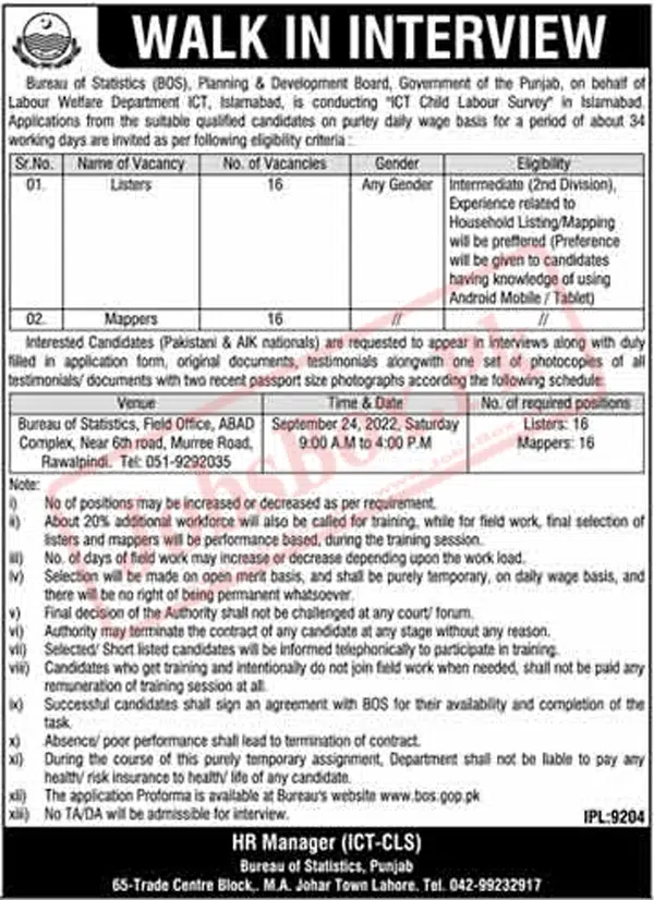 Bureau of Statistics BOS Punjab Jobs Recruitment 2022