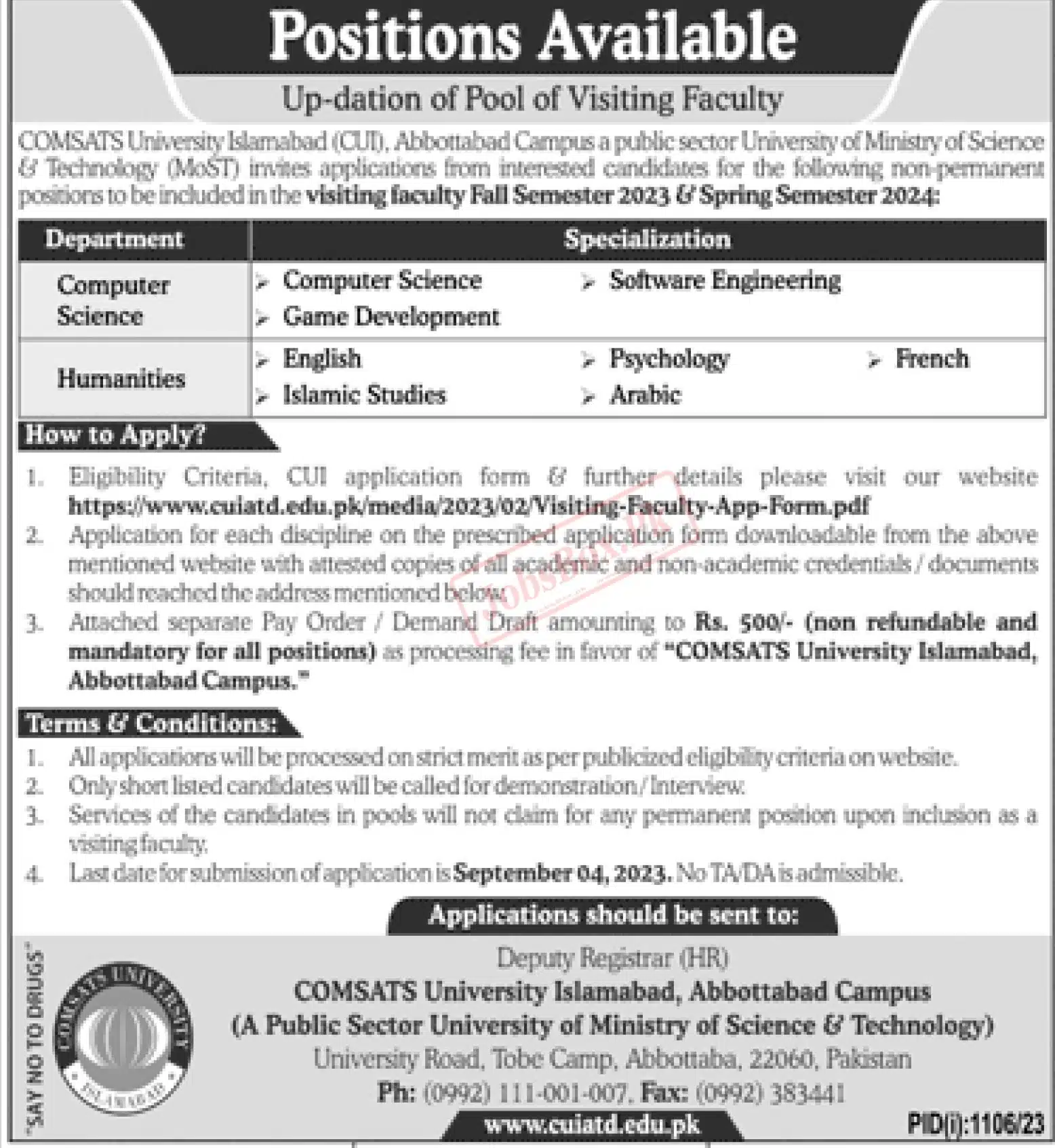 COMSATS University CUI Abbottabad Campus Jobs 2023