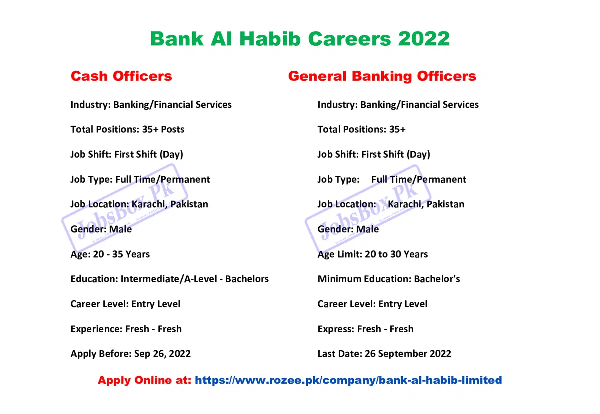 Cash Officers and General Banking Officers Jobs at Bank Al Habib