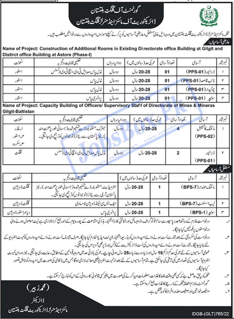 Directorate of Mines and Minerals GB Vacancies 2022