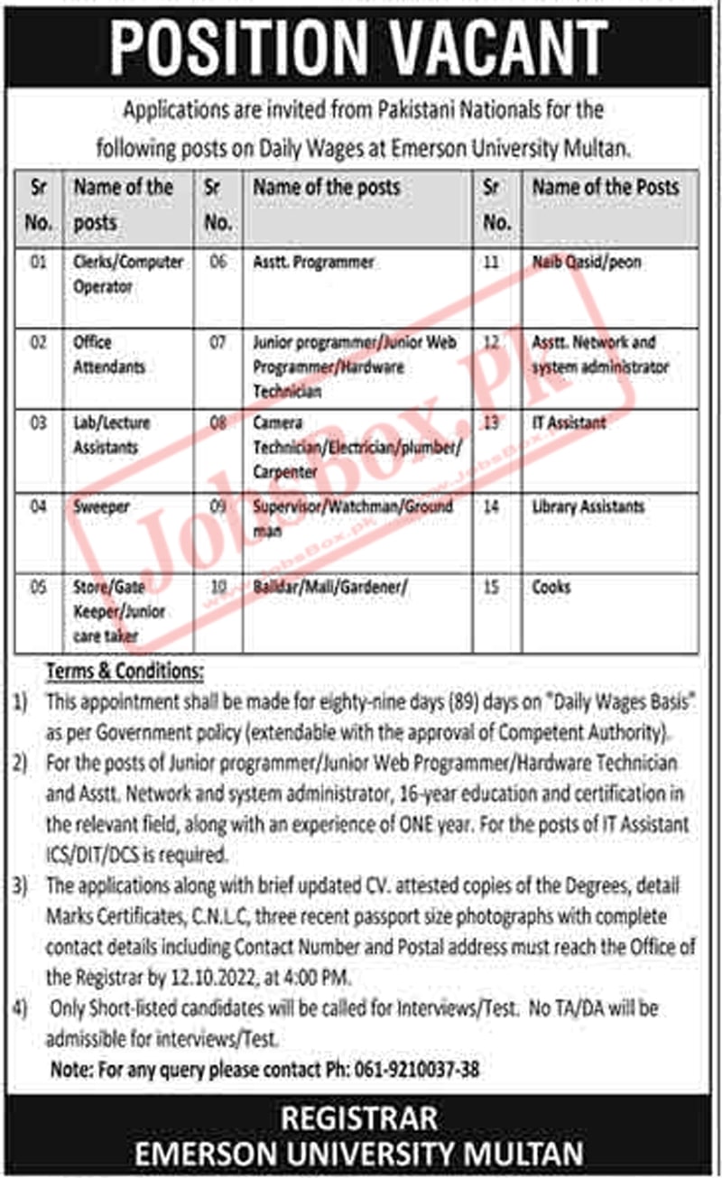 Emerson University Multan Jobs Announced for Non-Teaching Staff