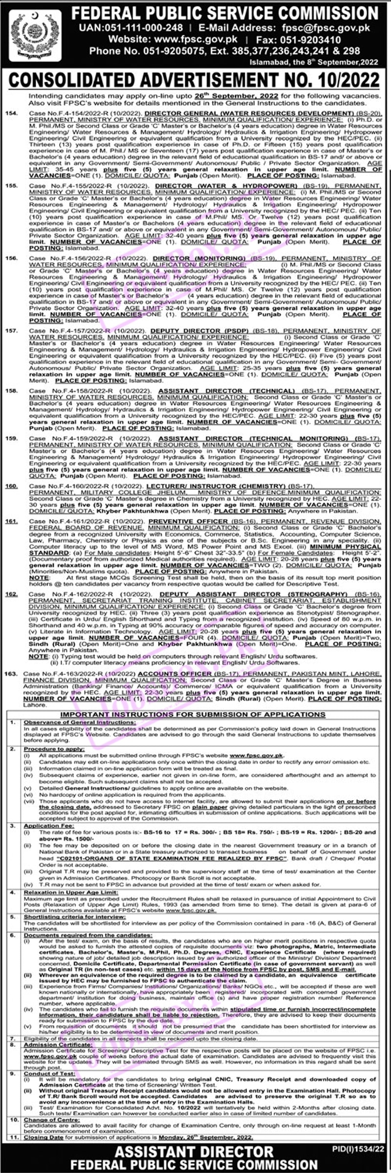 FPSC Consolidate Advertisement No. 10-2022 Vacancies