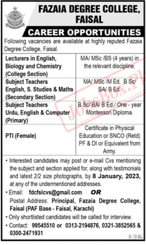 Fazaia Degree College PAF Base Faisal Karachi Jobs 2023
