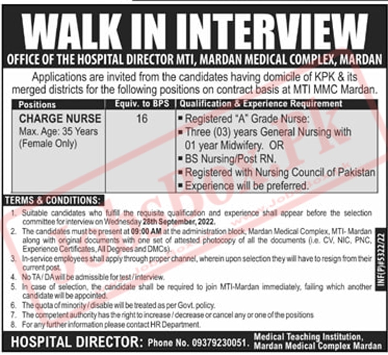 Female Charge Nurses Vacancies for KPK Domicile Holders at MMC Mardan