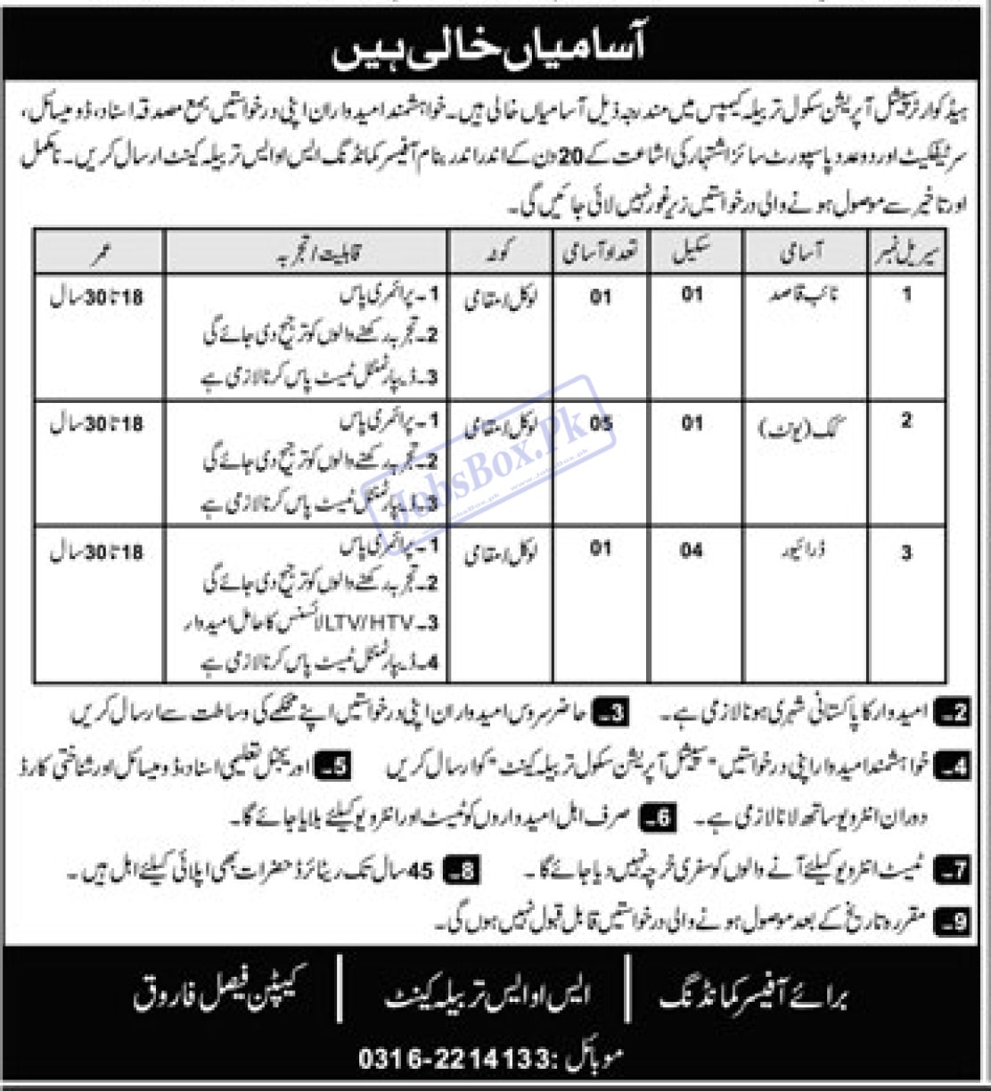 HQ Special Operation School Tarbela Campus Jobs 2023