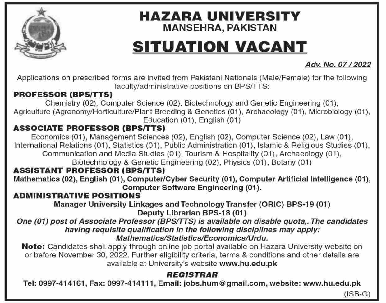 Hazara University Mansehra Jobs 2022 – Online Apply hu.edu.pk
