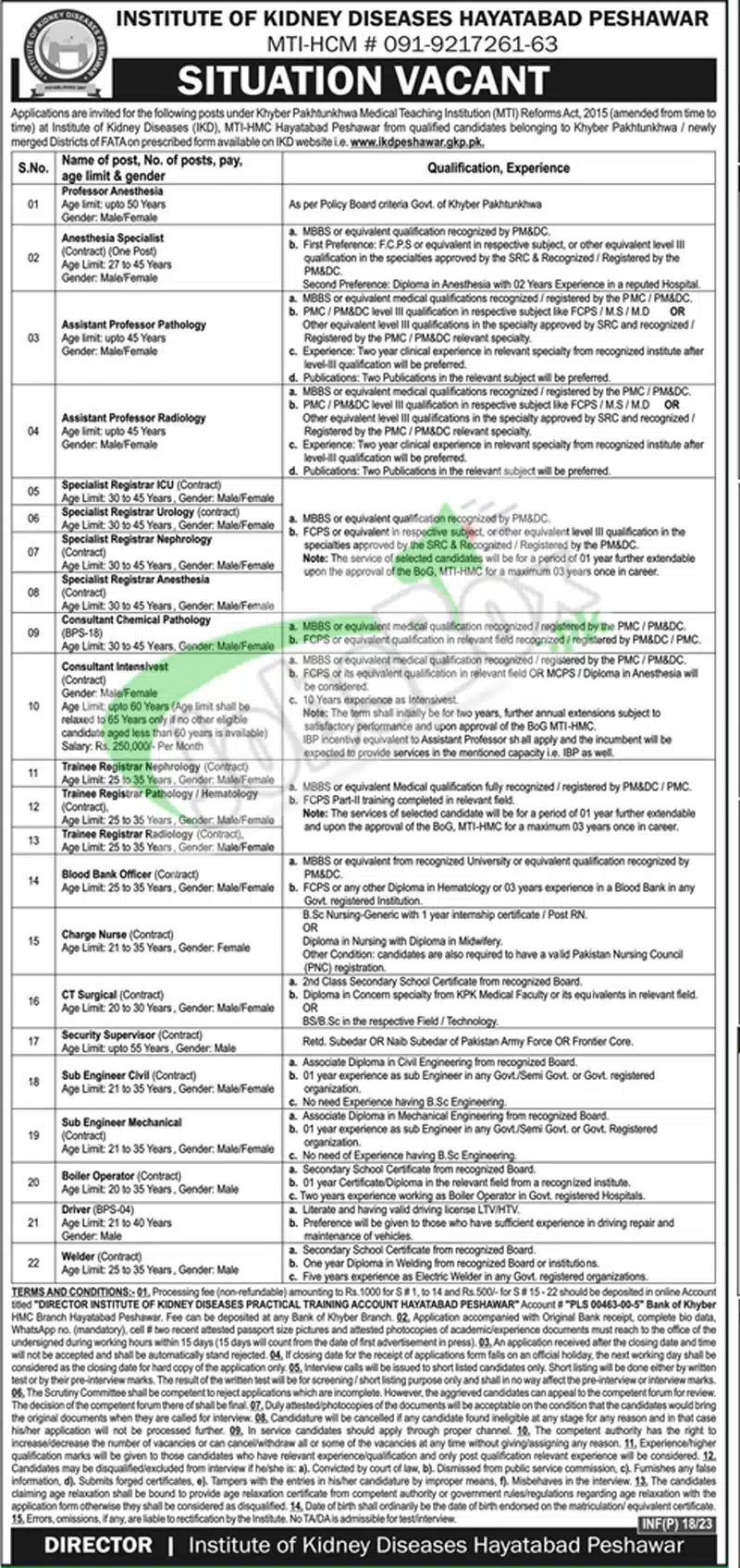 Institute of Kidney Diseases Jobs 2023 in Peshawar