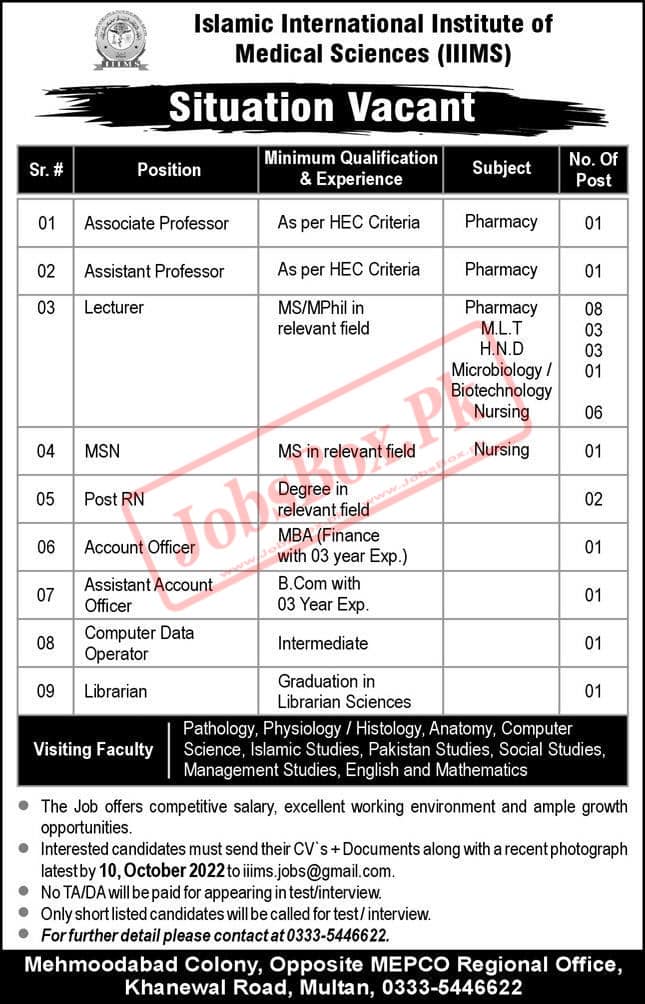 Islamic International Institute of Medical Sciences IIIMS Jobs 2022